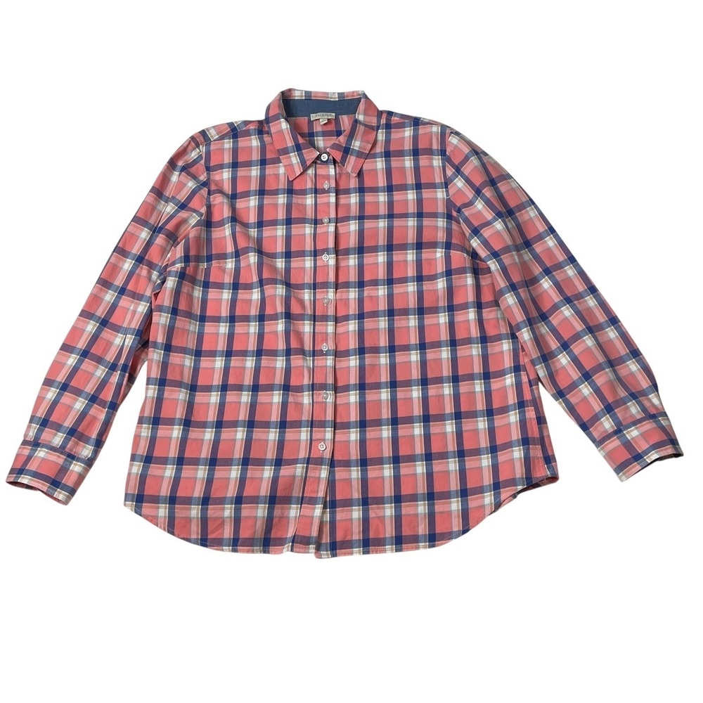 Talbots Womens L Pink Blue‎ Plaid Button Front Shirt Long Sleeve Cotton Preppy
